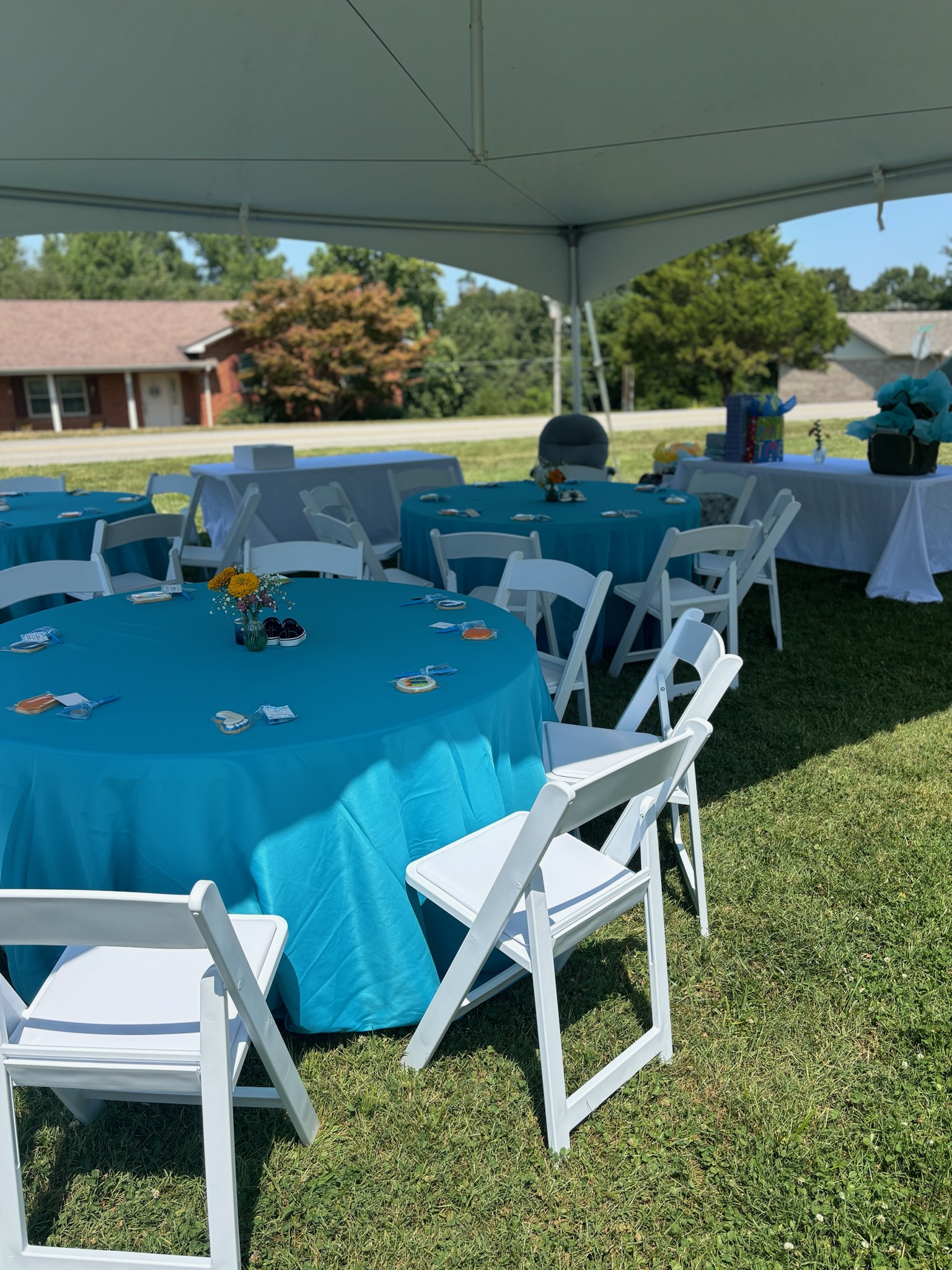 20x20 High Peak Tent, 60_ Round Tables, 6_ Rectangle Tables, White Resin Padded Folding Chairs, Linen, Decor