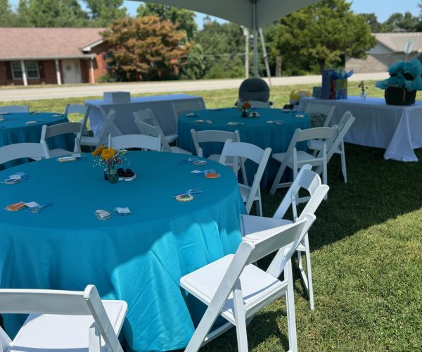 20x20 High Peak Tent, 60_ Round Tables, 6_ Rectangle Tables, White Resin Padded Folding Chairs, Linen, Decor